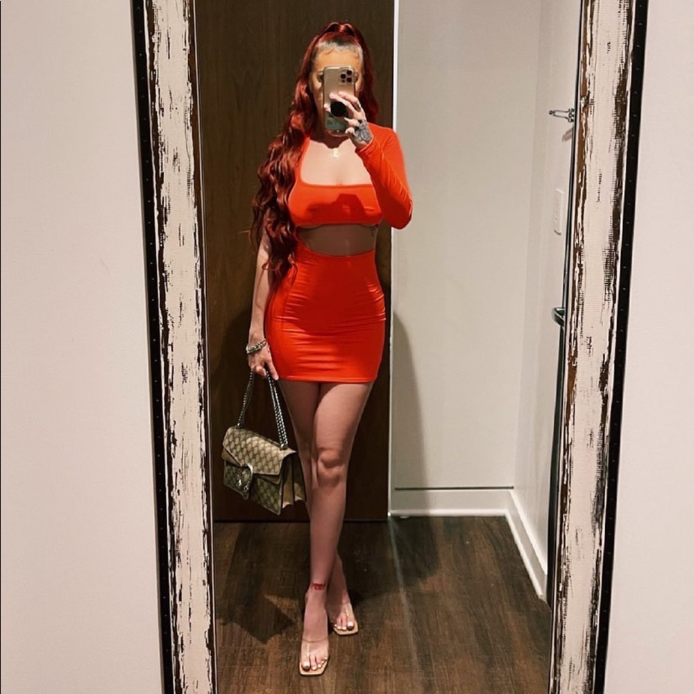 Off the should / One sleeve neon orange mini dress Fashion Nova